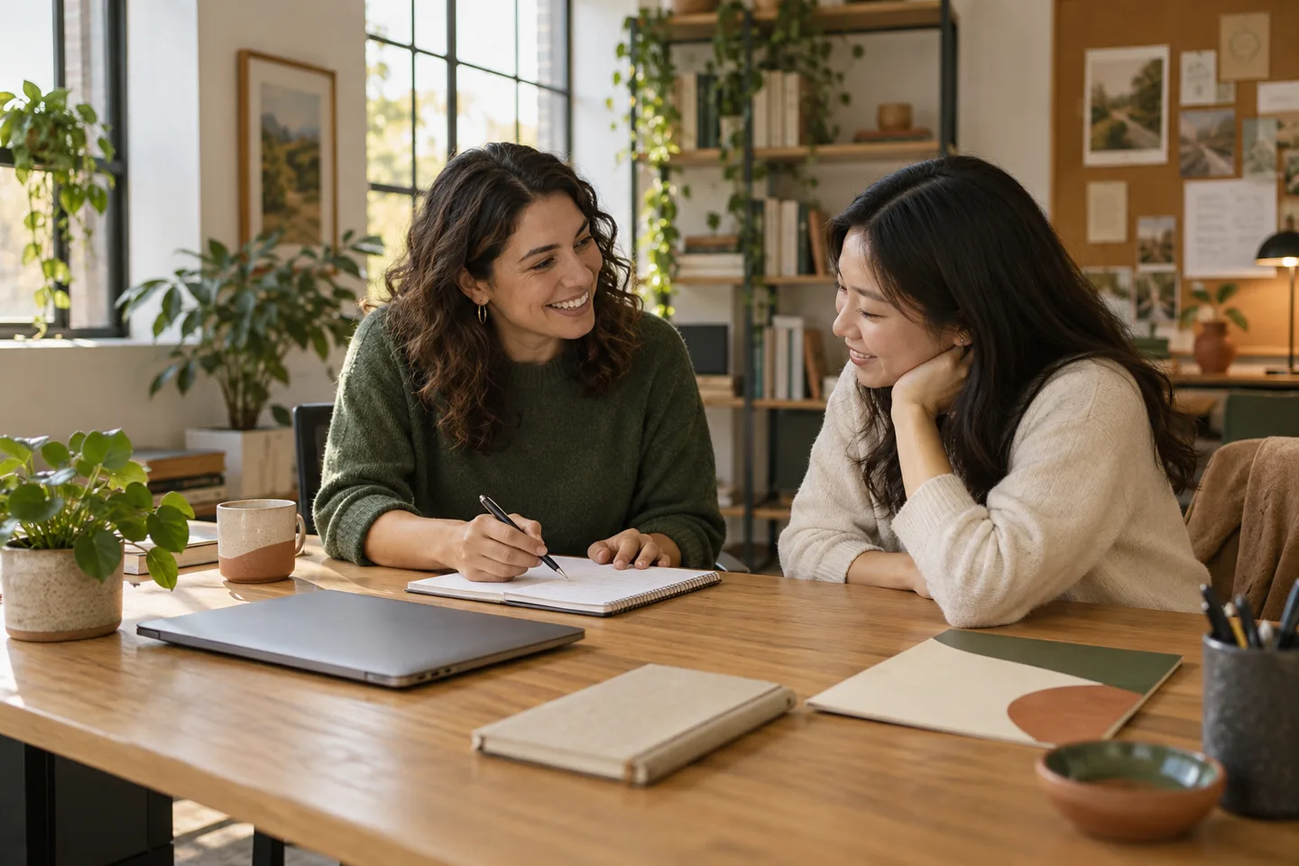 An HR coordinator and new colleague planning a first week together at a welcoming office desk