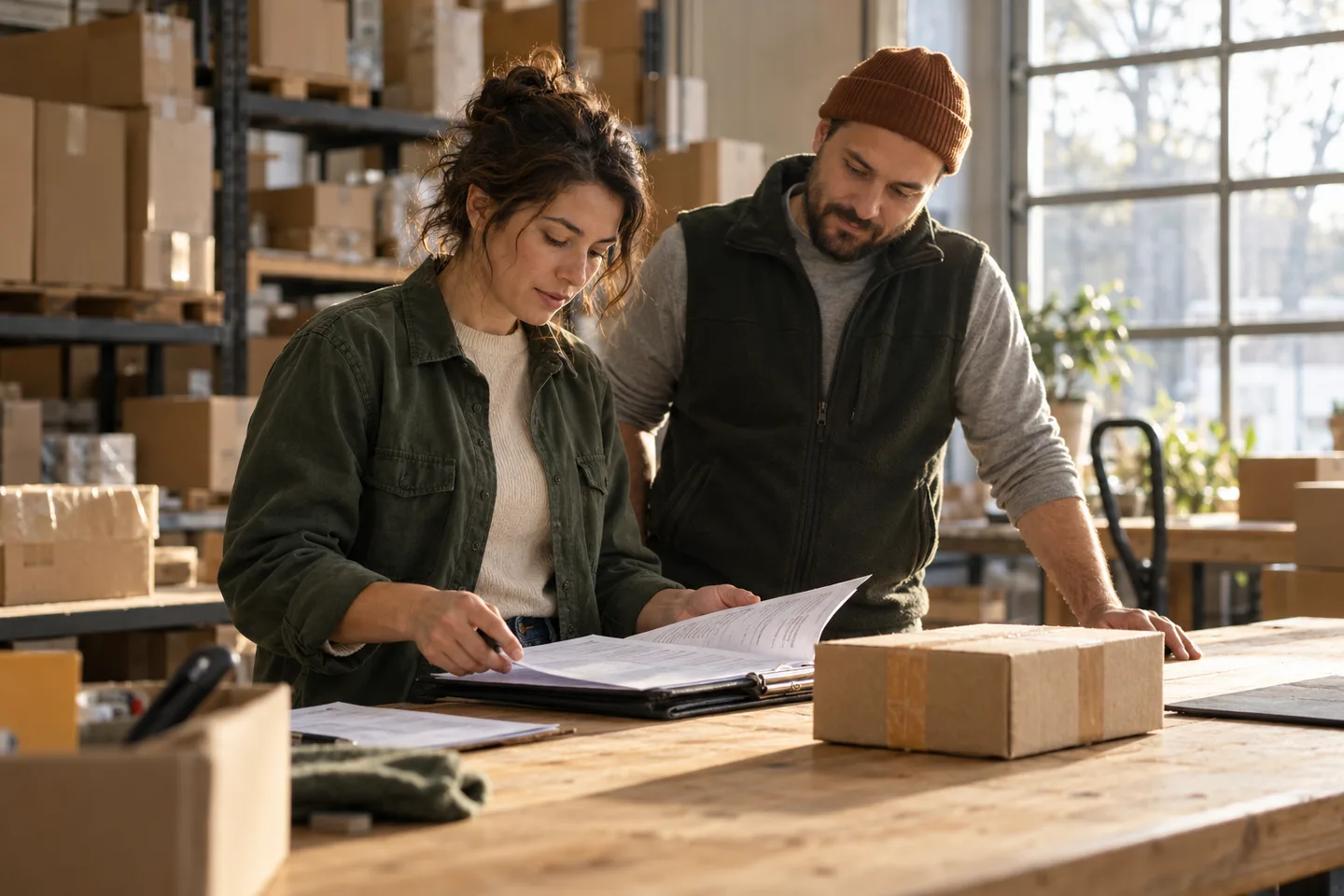 A freight coordinator and warehouse colleague reviewing shipment paperwork beside packed cartons