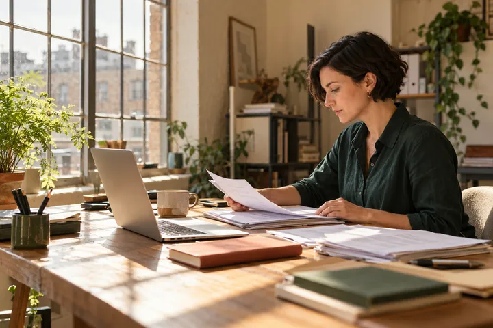 A practice owner reviewing paperwork in a bright office