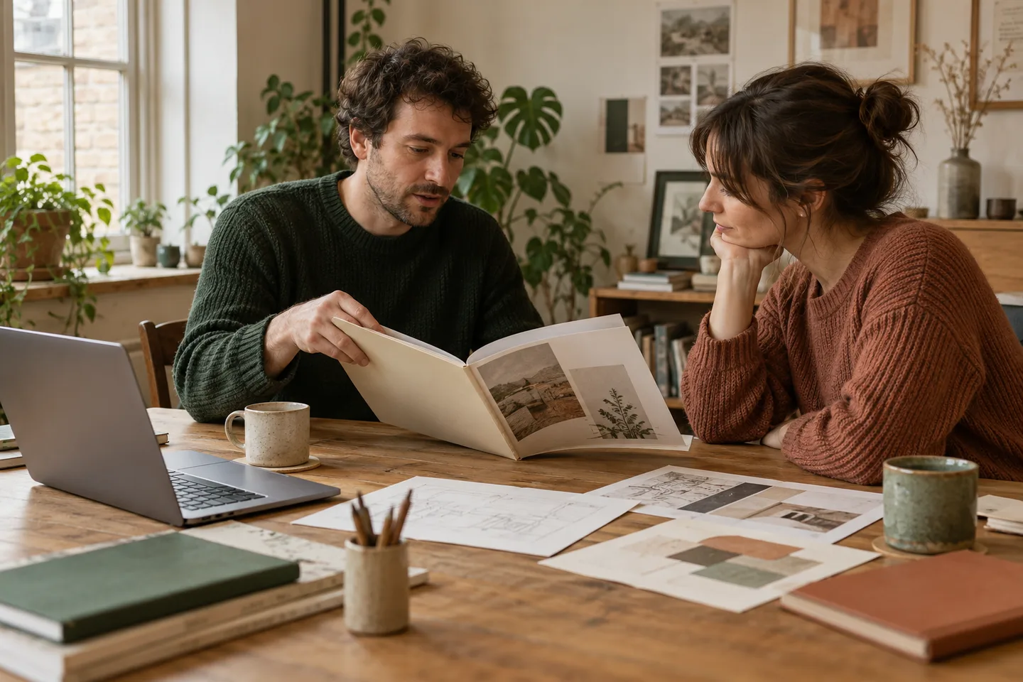 Two colleagues reviewing a project folder and sketches in a creative studio