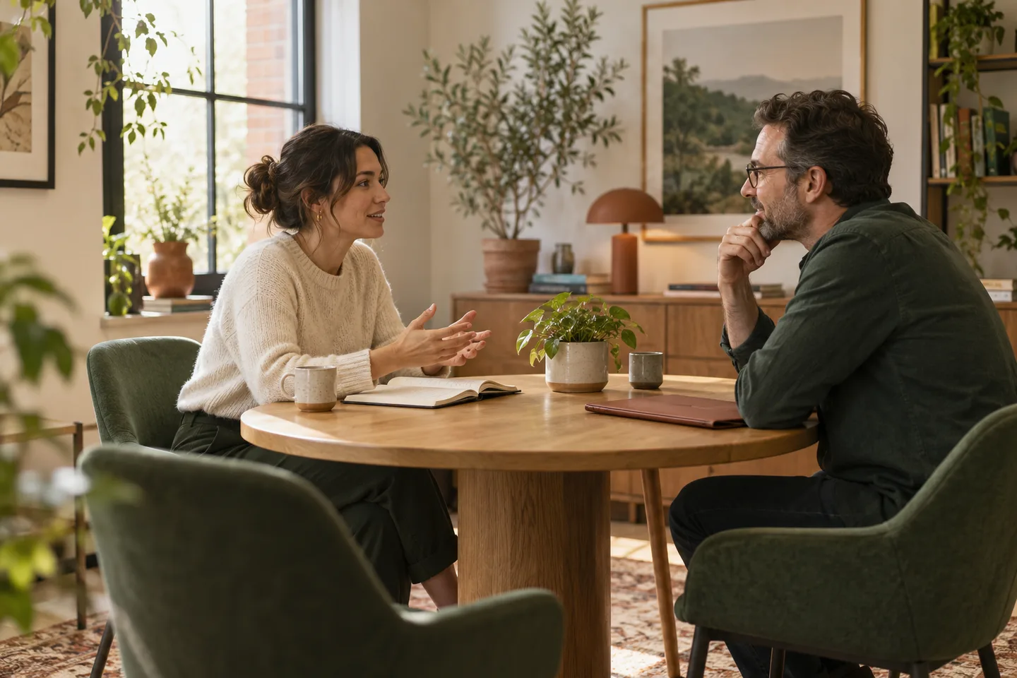 An account manager and prospective client discussing next steps at a small office table