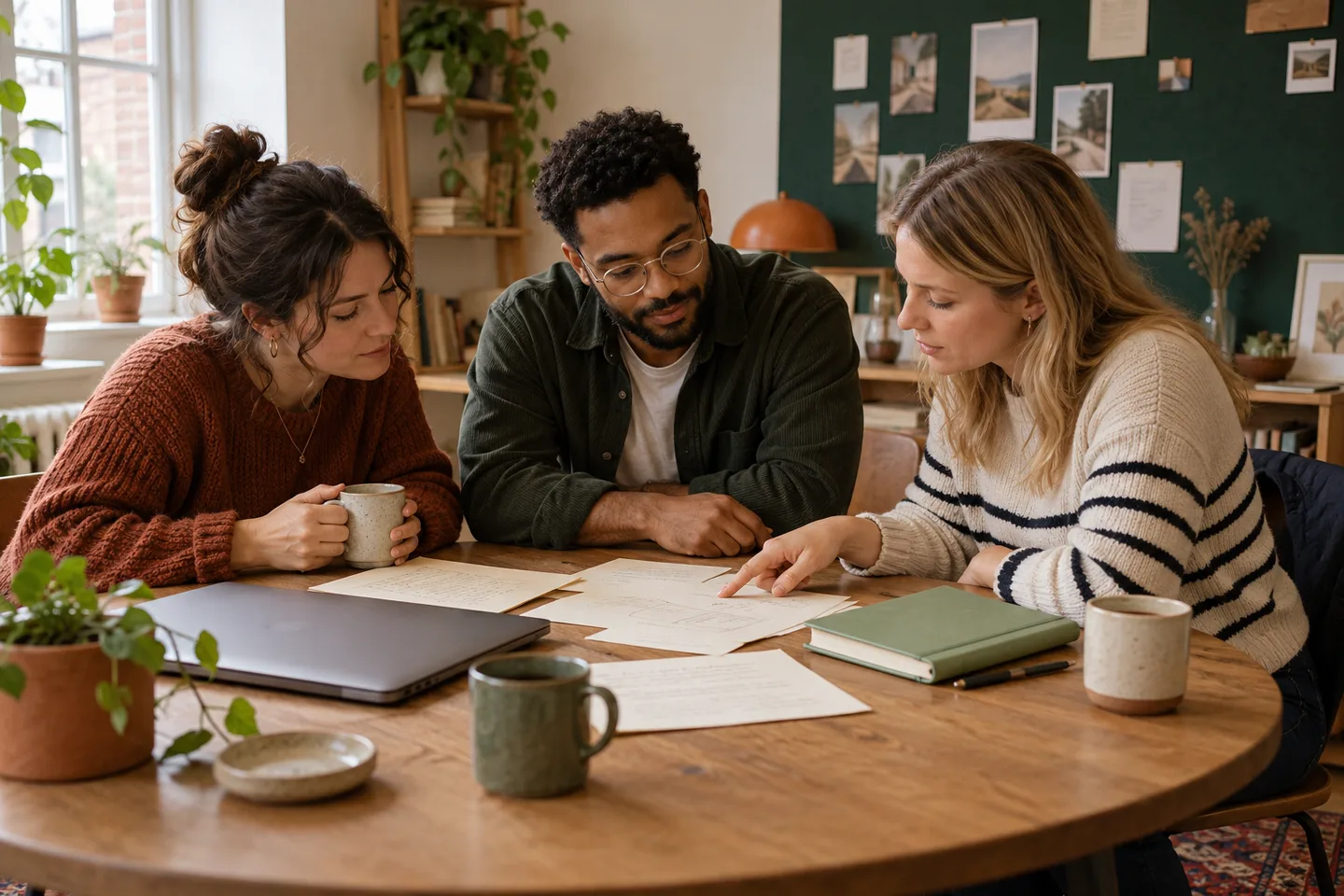 Three colleagues comparing notes around a table in a small business office
